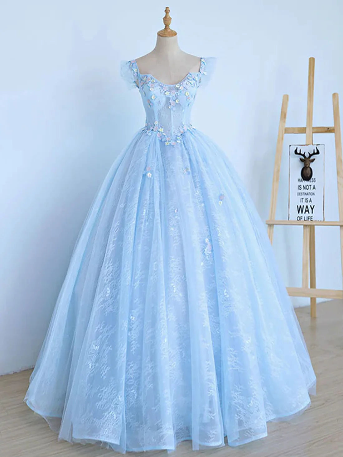Luolandi A-Line Blue Tulle Lace Long Prom Dress Formal Evening Dresses With Flowers